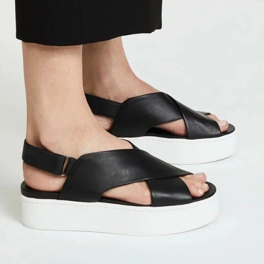 Vince Black Leather Platform Sandals Women’s Adjustable Strap Casual Shoes 9.5